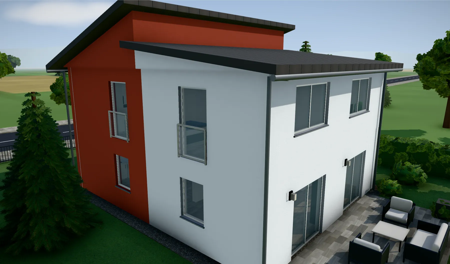 Außenansicht eines Einfamilienhauses mit Pultdach und Terrasse